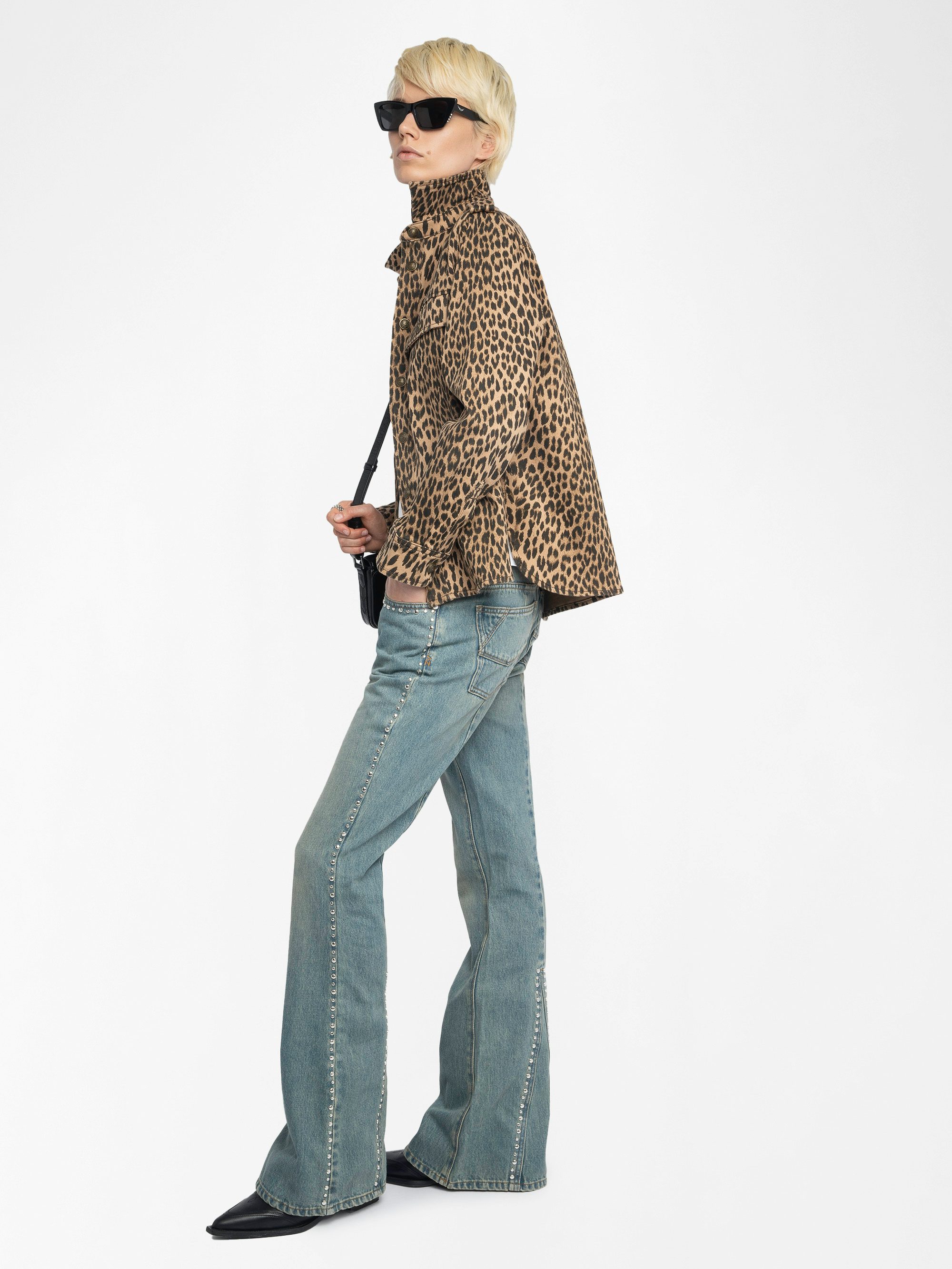 Taskam Denim Overshirt - Military denim shirt with leopard print, long sleeves.